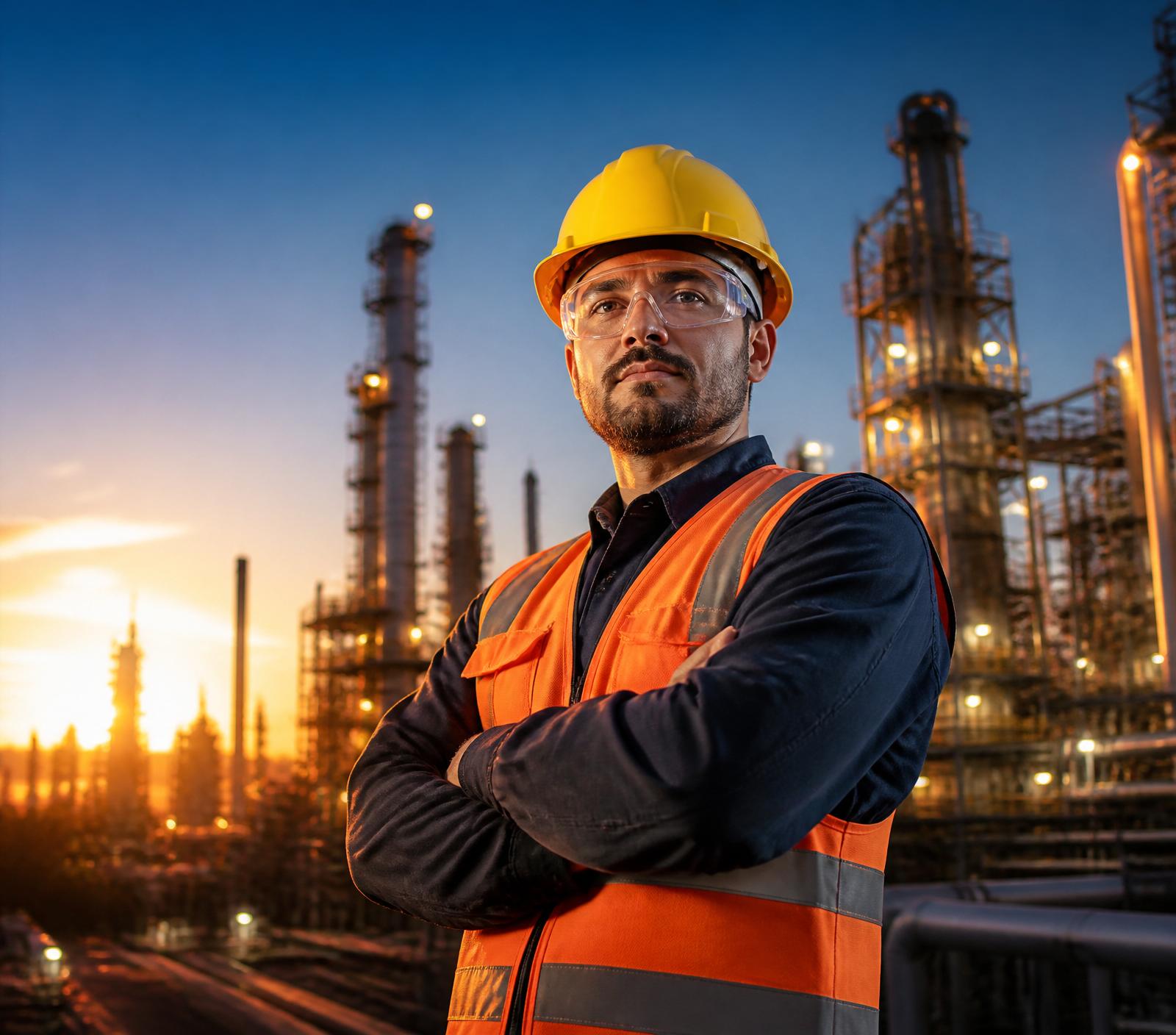 Industrial worker in PPE at a refinery site
